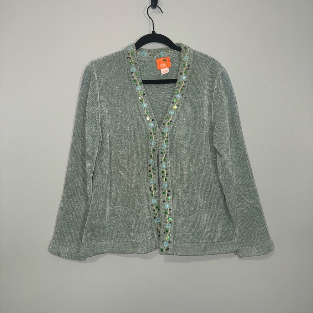 Hearts of Palm Womens Sage Green‎ Chenille Embroidered Beaded Cardigan Sweater L